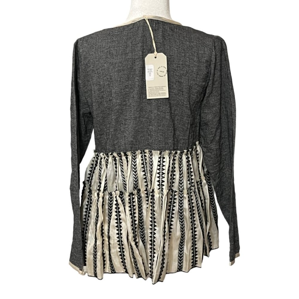 NWT Lemlem Women's Top Grey Ivory Long Sleeve Size Medium Blouse Silk - Picture 2 of 7